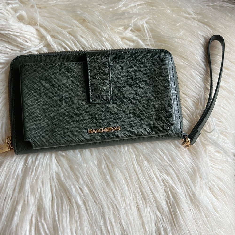 Isaac Mizrahi! Signature Leather Wristlet Wallet Attached Phone Case Green NWOT